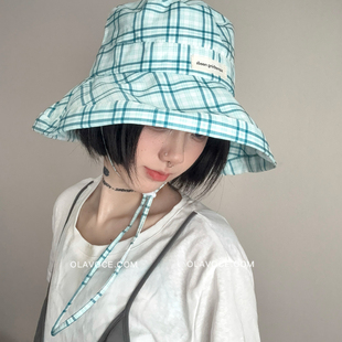 夏季格纹渔夫帽女大帽檐防晒遮阳帽显脸小清新薄荷曼波蓝绿色盆帽
