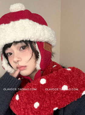 日系红色毛绒雷锋帽女冬季加绒保暖护耳帽氛围感户外雪地毛球帽子