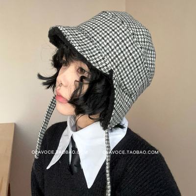 韩版千鸟格加厚保暖护耳帽女款