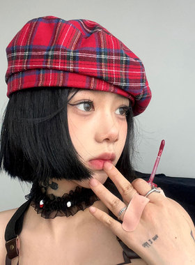 英伦少女/甜酷风韩版格子帽子红色百搭贝雷帽女日系复古画家帽男