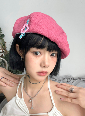 甜酷女孩/肌理感画家帽气质显白火龙果色帽子女贝雷帽夏季薄款男