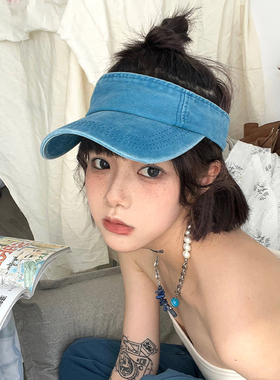 户外遮阳蓝色网球帽跑步空顶帽女运动水洗做旧夏季无顶高马尾帽子