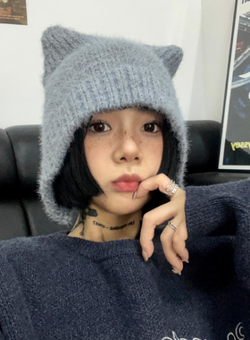 可爱猫咪秋冬百搭保暖毛线帽网红护耳针织帽女韩版小熊显脸小帽子