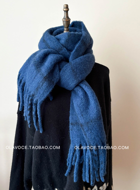 高级伦敦蓝色含羊毛围巾女冬保暖流苏披肩情侣款百搭加厚格纹围脖