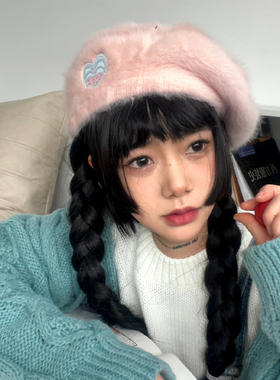 心的软肋~ola voce原创画家帽爱心显脸小贝雷帽毛绒甜酷秋冬帽子