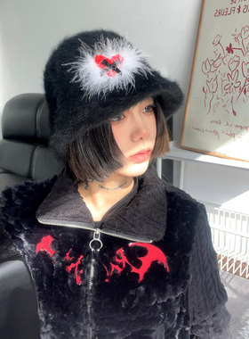 心跳共鸣~ola voce原创自制渔夫帽y2k毛绒黑色帽子素颜爱心盆帽女