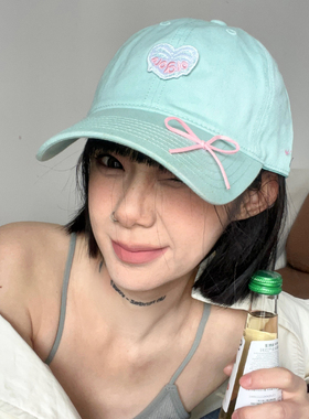 ola voce原创爱心刺绣鸭舌帽女蝴蝶结软妹棒球帽多巴胺薄荷绿帽子