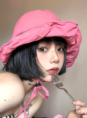 仙女氛围up/桃粉色大帽檐春夏季渔夫帽女防风绳薄款防晒遮阳帽子