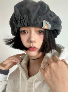 日系中古设计复古报童帽女显脸小水洗牛仔画家帽高品质大版贝雷帽