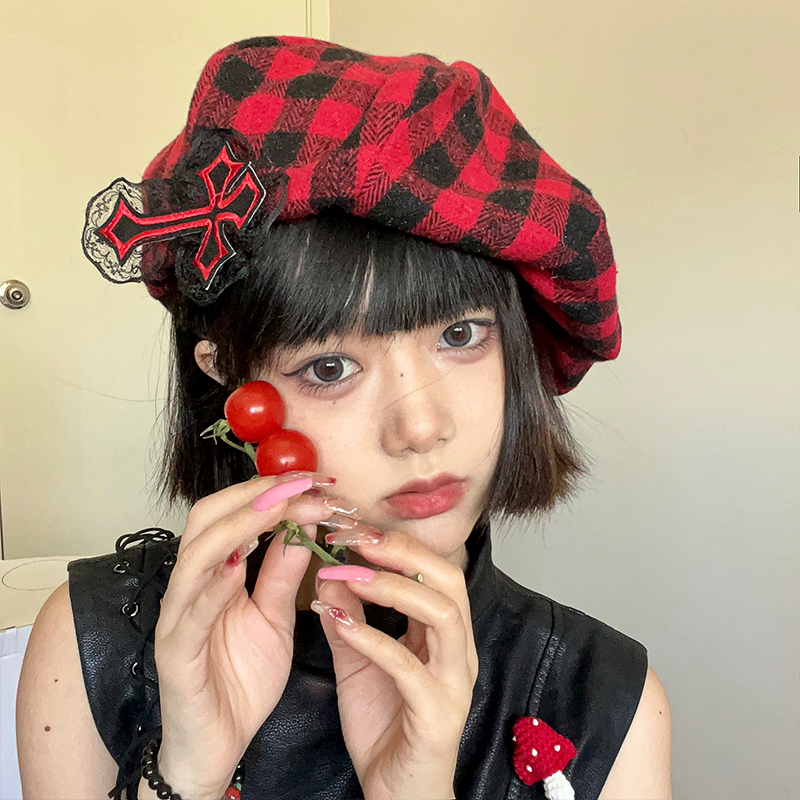 olavoce英伦复古格纹哥特贝雷帽