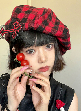 哥特少女/春夏大版云朵帽男亚比贝雷帽英伦风复古格纹红色帽子女