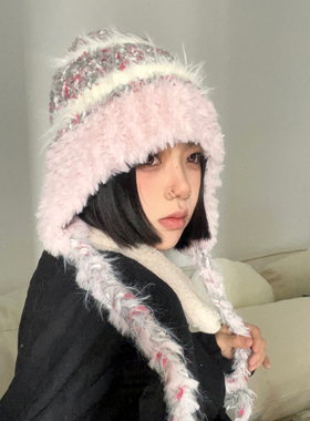 油画色~绑带撞色针织帽女显脸小秋冬护耳毛线帽粉色防风保暖帽子