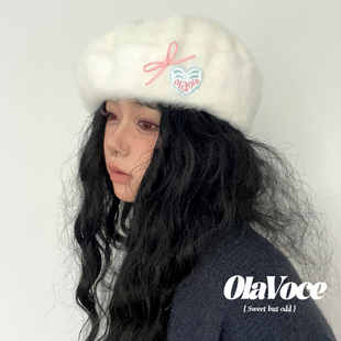 ola原创设计撞色爱心刺绣贝雷帽女蝴蝶结毛茸茸画家帽显脸小帽子