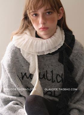 早春小众Y2K设计感荷叶边针织围巾女冬季保暖白色y2k古着甜酷围脖