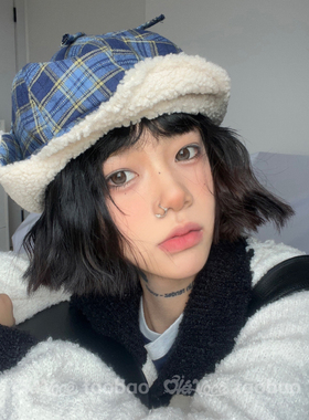韩系复古格子飞行帽男秋冬羊羔绒保暖护耳雷锋帽学生滑雪帽子女潮