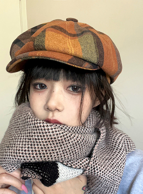 复古小报童~古着格纹vintage前进帽女秋冬画家帽美拉德英伦帽子男