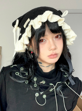 公主lolita荷叶边毛线帽绑带蝴蝶结甜酷针织帽女显脸小黑白色帽子