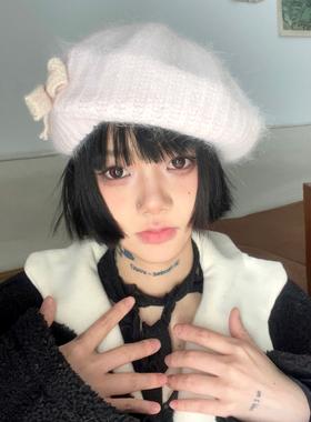 少女情结~自制蝴蝶结贝雷帽粉色针织显脸小画家帽女甜美纯色帽子