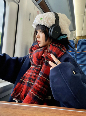 氛围感up~红色韩系复古格子围巾百搭ins保暖披肩学生情侣围脖礼物