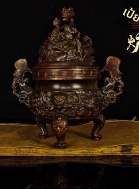 黄铜中式九龙鼎九龙丹炉大明宣德三足香炉塔香炉家用茶道茶艺摆件