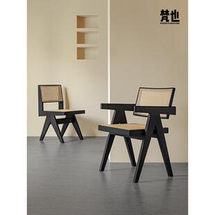 梵也家具朴藤藤椅侘寂风昌迪加尔椅实木藤编餐椅靠背扶手黑色家用