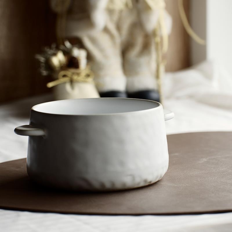 川泽烧粗陶手工白釉双耳小汤碗面碗防烫甜品沙拉燕窝碗家用饭碗