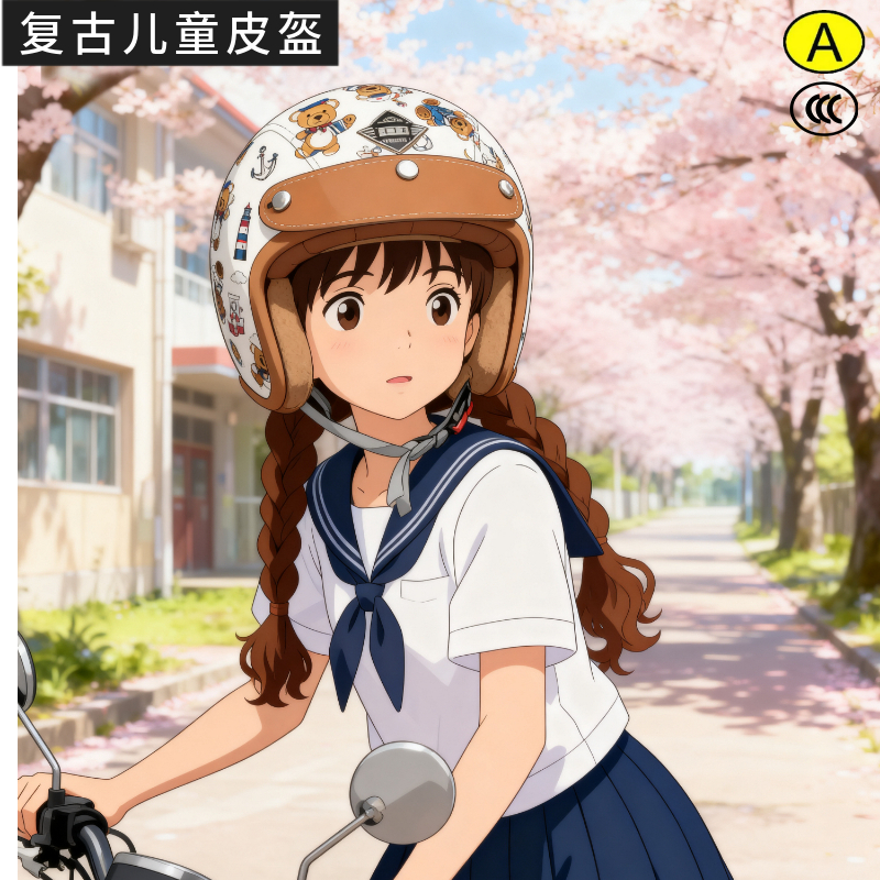 JYT复古儿童3/4盔卡通皮质头盔