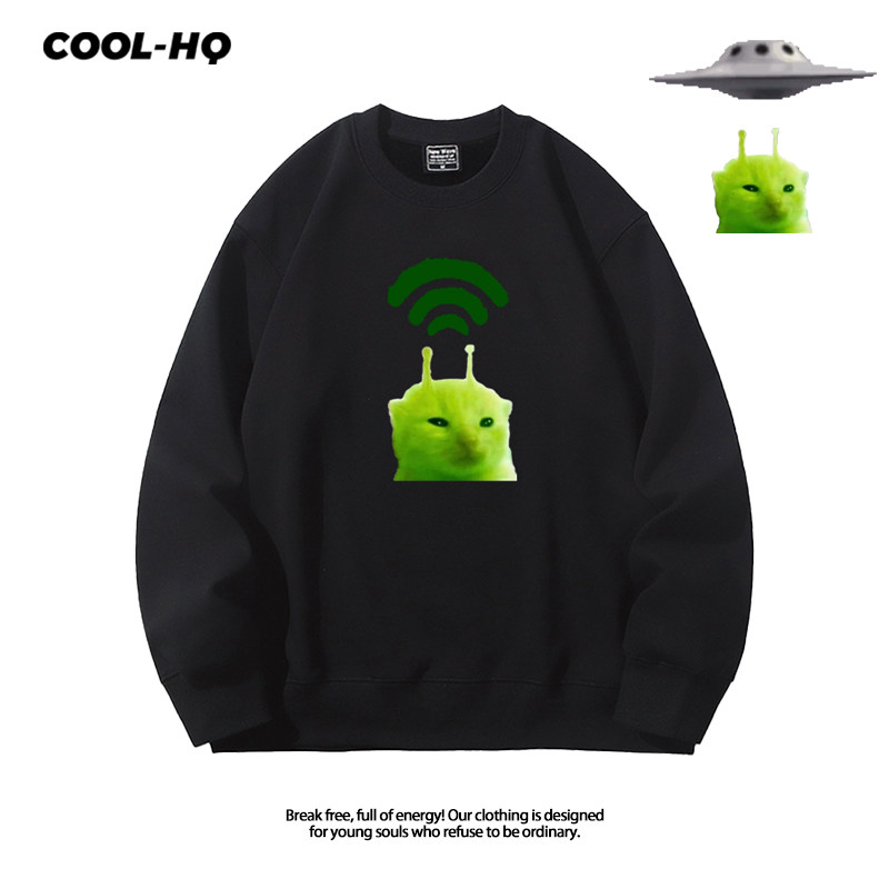 猫meme外星小猫卡通图案男女圆领卫衣春秋百搭舒适上衣服新款外套