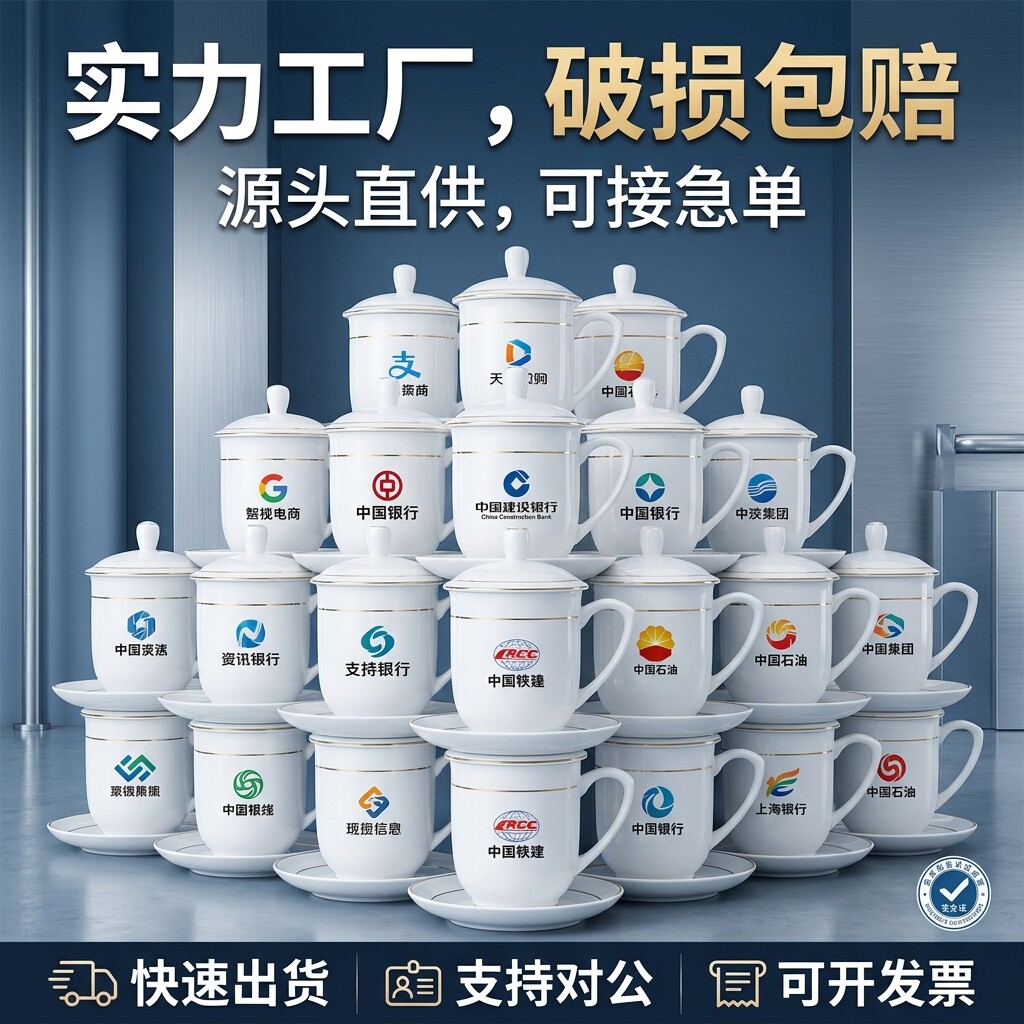 酒店宾馆水杯办公室会议杯带盖金边陶瓷茶杯礼品杯套装定制LOGO