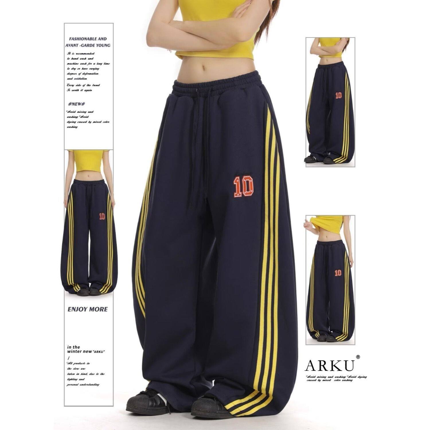 美式街头条纹三条杠弯刀卫裤男女春秋季宽松跳舞阔腿休闲运动裤子