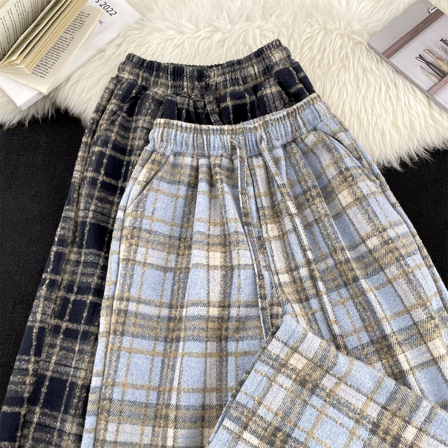 格子毛呢休闲裤男女春秋季美式复古宽松直筒慵懒风阔腿运动长裤子