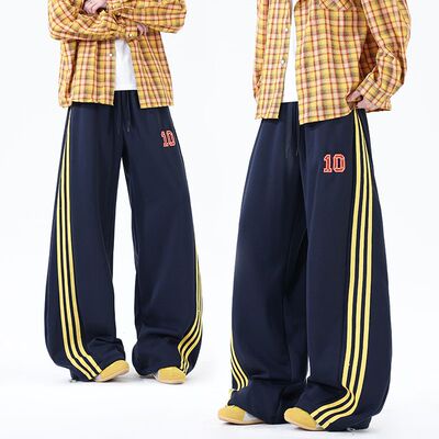 春秋季复古三条杠弯刀阔腿卫裤