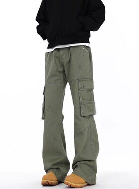 美式复古多口袋微喇工装裤男女春秋季宽松直筒解构机能风休闲长裤
