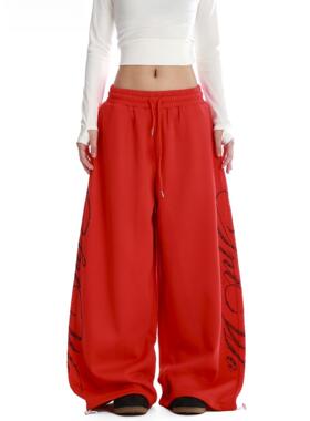 美式爵士舞辣妹抽绳烫钻设计感阔腿卫裤女休闲垂感红色宽松长裤子