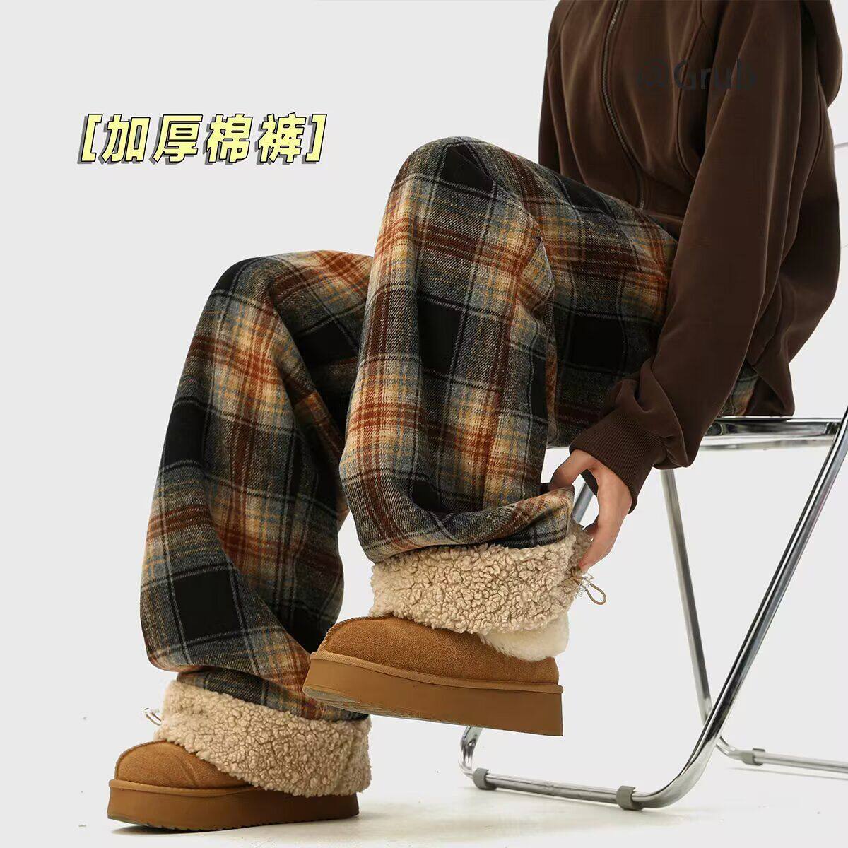 美式复古格纹加厚阔腿裤男女秋冬季重磅宽松慵懒风直筒裤休闲裤子