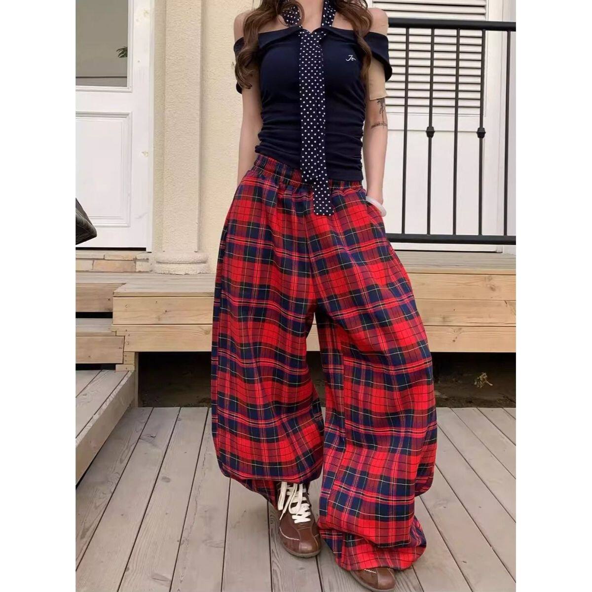 红黑格纹阔腿长裤男女春夏季高腰显瘦宽松直筒慵懒风拖地格子卫裤