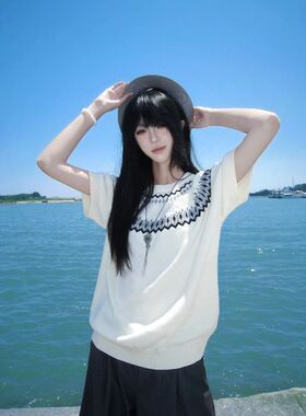 美式提花针织老钱风短袖男女夏季薄款圆领T恤宽松显瘦百搭上衣潮