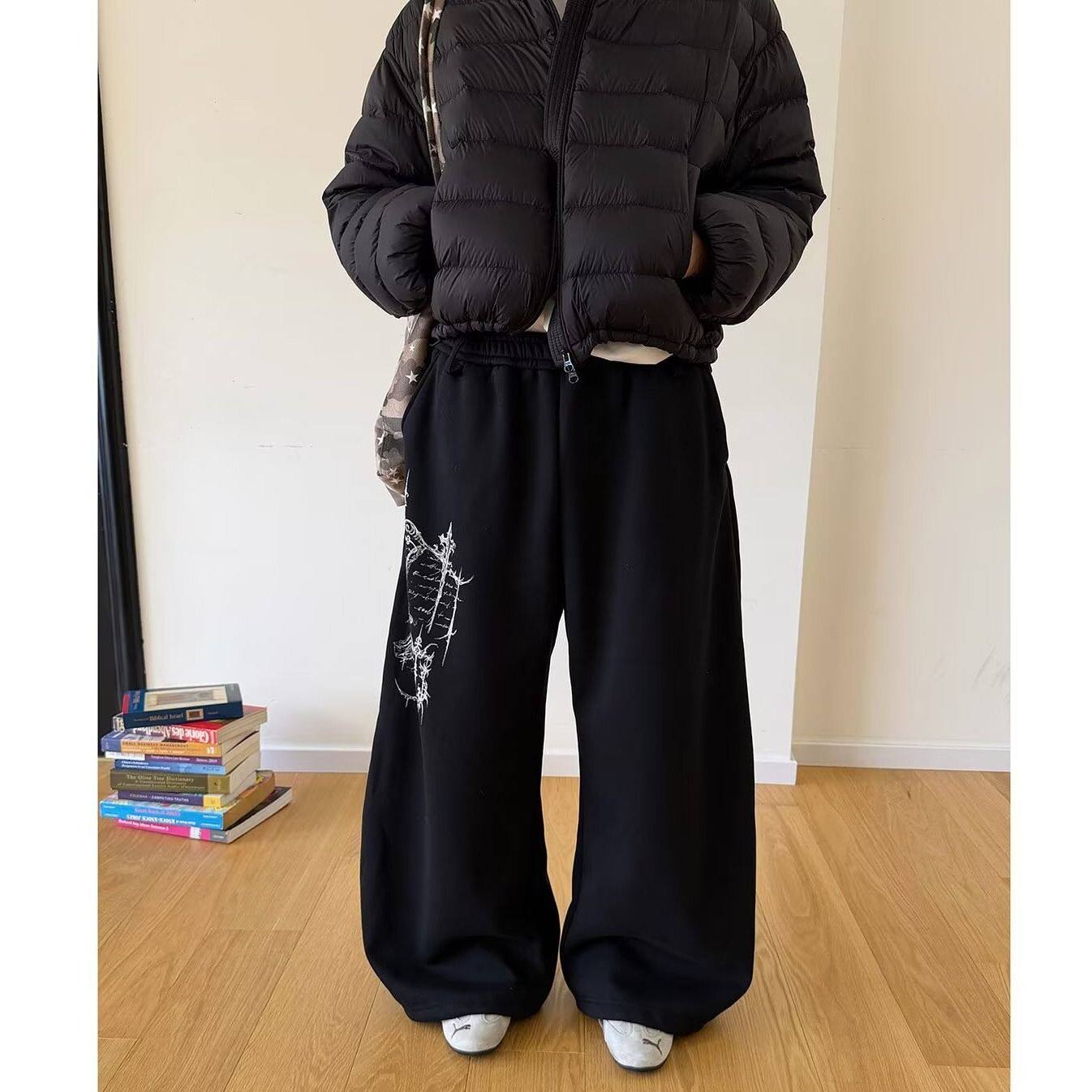 美式复古街头潮牌休闲运动裤男女爵士舞街舞宽松印花嘻哈阔腿裤子