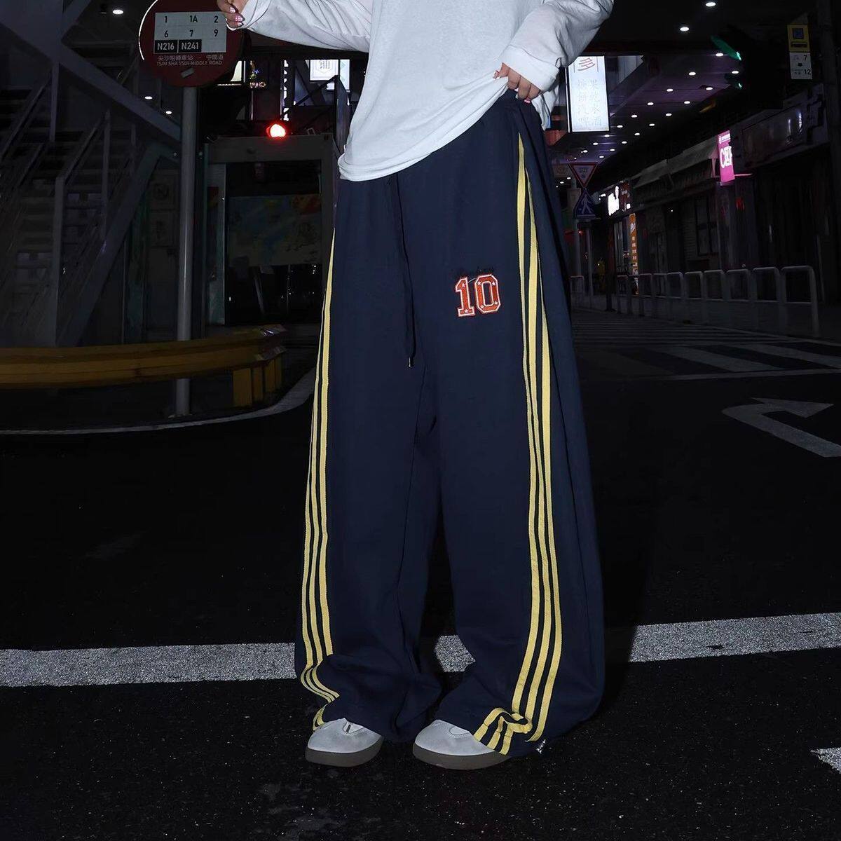 美式复古秋冬季街头三条杠藏青色阔腿卫裤男女宽松直筒休闲拖地裤