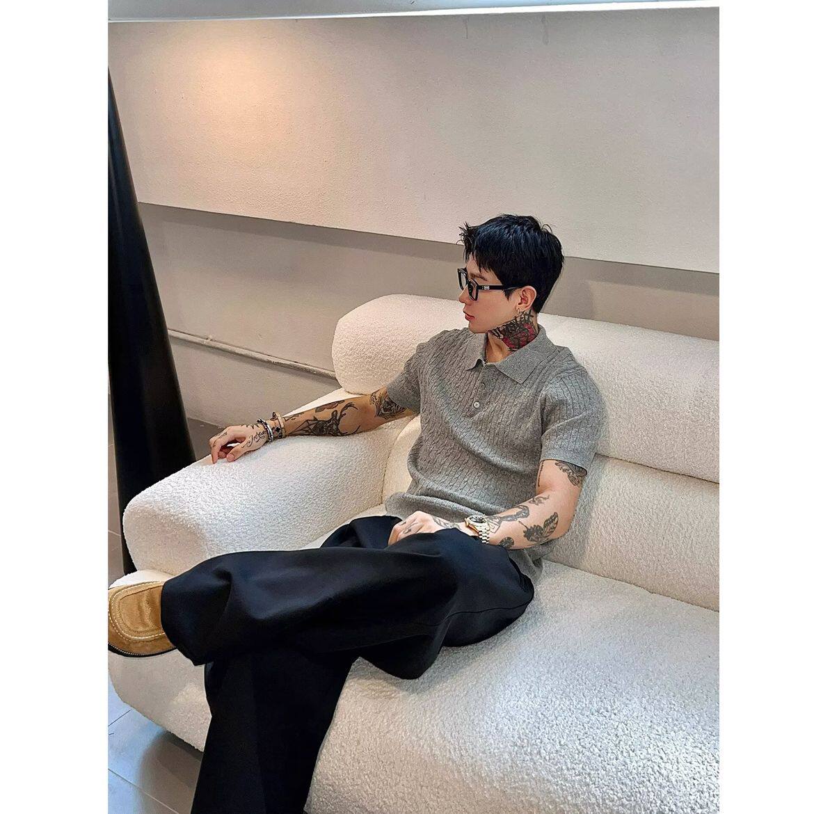 老钱风海鸥领针织polo衫短袖男夏季编织绞花纹理t恤痞帅高级半袖