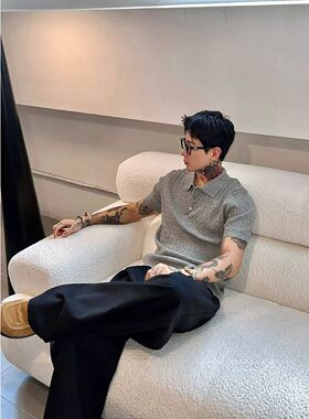 老钱风海鸥领针织polo衫短袖男夏季编织绞花纹理t恤痞帅高级半袖