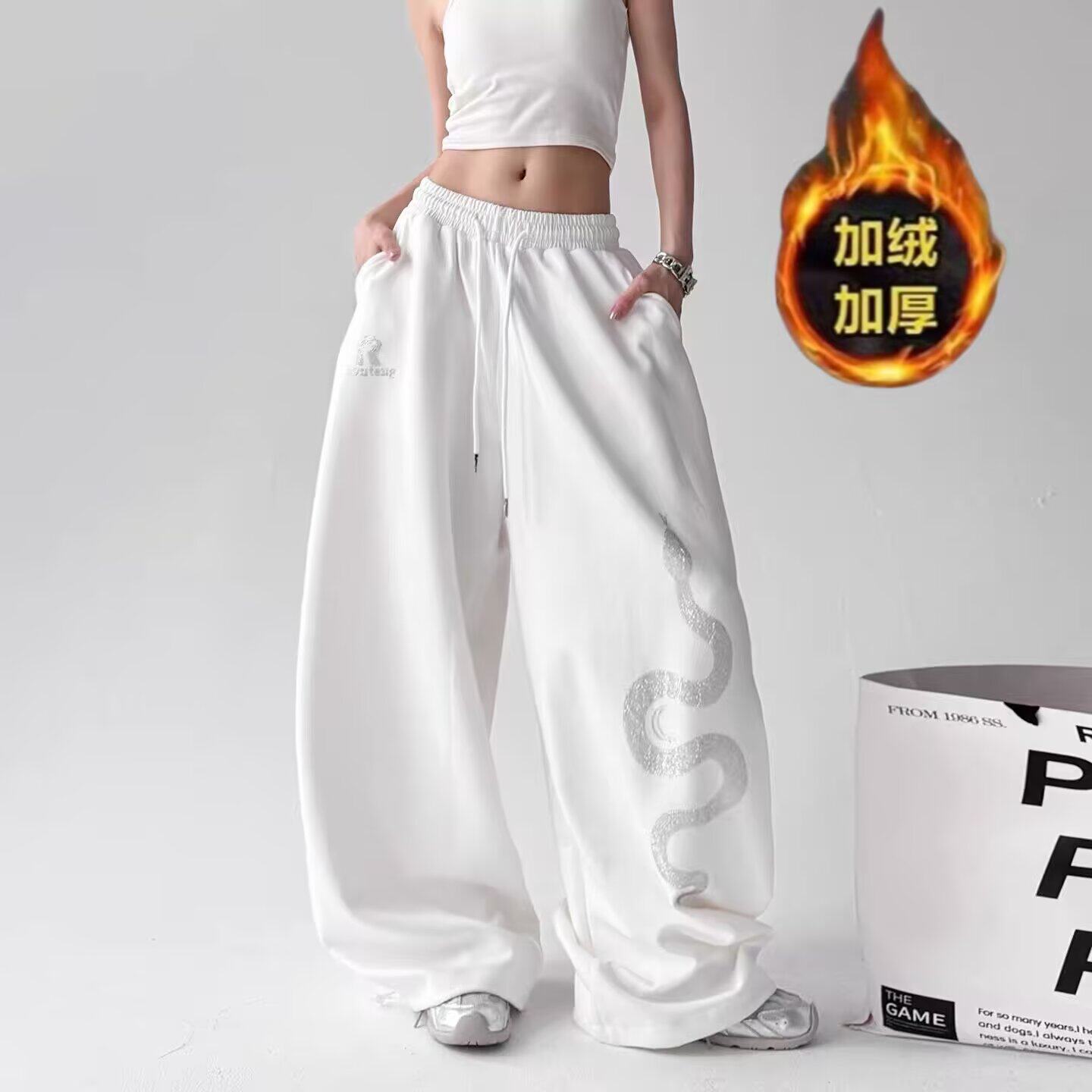 秋冬季加绒设计感美式复古烫钻蛇纹印花休闲裤男女街头宽松运动裤