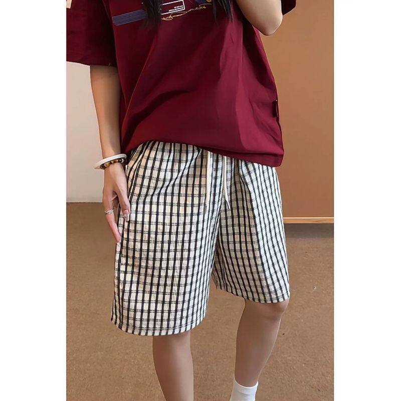 夏季泡泡纱清爽撞色格子休闲短裤男女慵懒风宽松百搭沙滩五分裤子