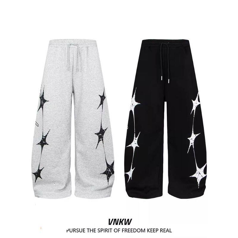 美式复古爵士舞阔腿运动卫裤男女宽松百搭抽绳星星印花弯刀长裤子
