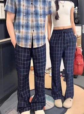 藏蓝色格子裤子男女夏季薄款美式高街微喇裤显腿长垂感直筒运动裤