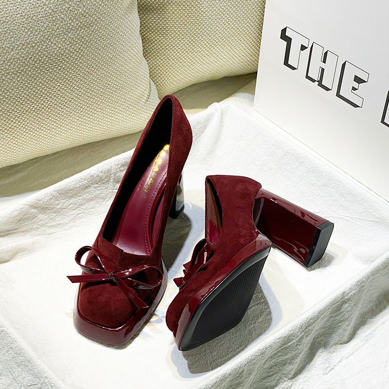 小个子防水台玛丽珍高跟鞋女2025新款气质蝴蝶结百搭浅口粗跟单鞋