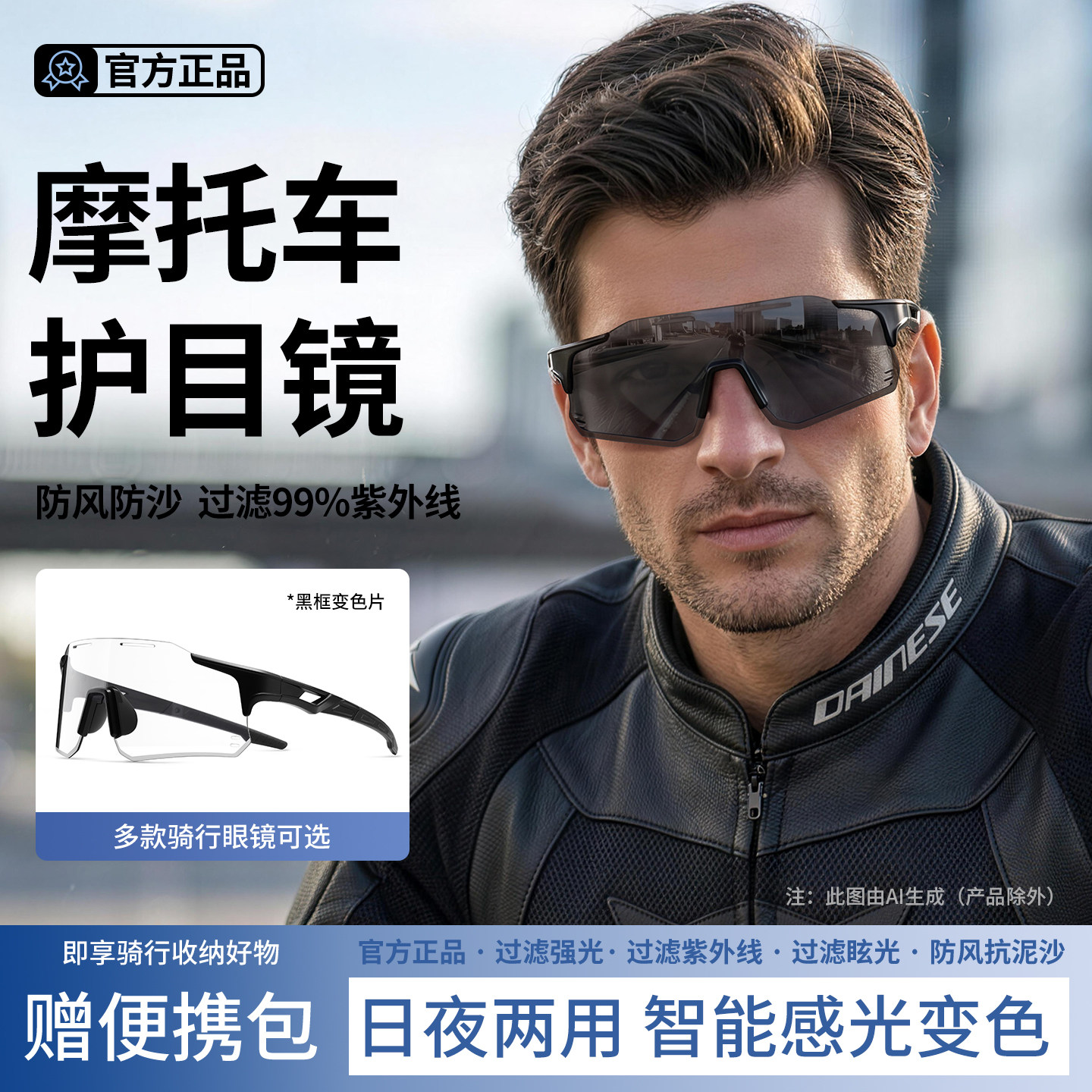 摩托车护目镜感光变色日夜两用防风沙骑行眼镜防晒防紫外线墨镜男