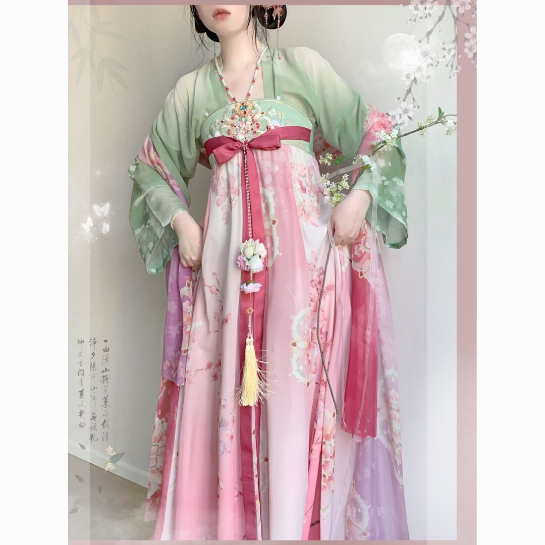 闺蜜新款汉服仙气春夏季桃红柳绿唐制刺绣齐胸襦裙小个子粉色