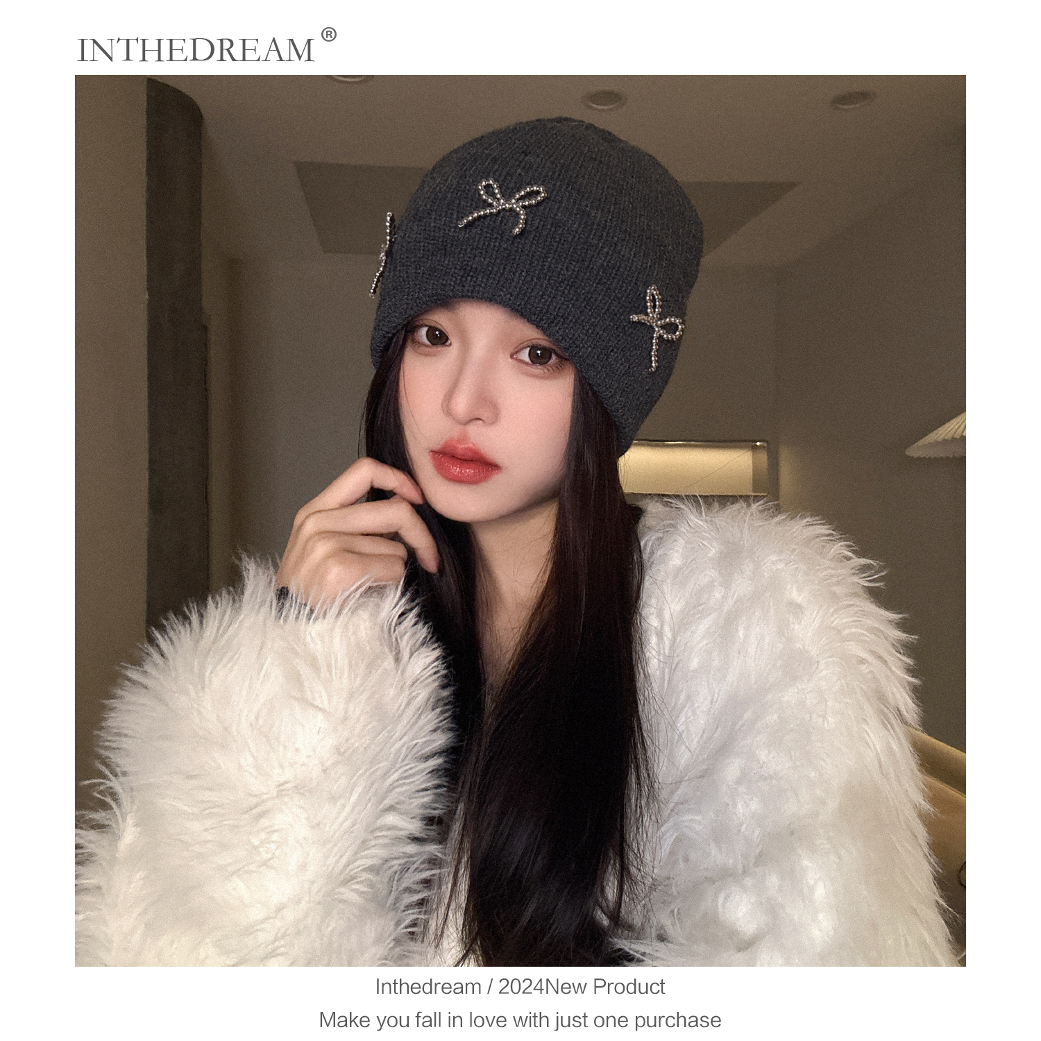 韩国博主同款蝴蝶结针织毛线帽秋冬ins大头围百搭时尚护耳冷帽女