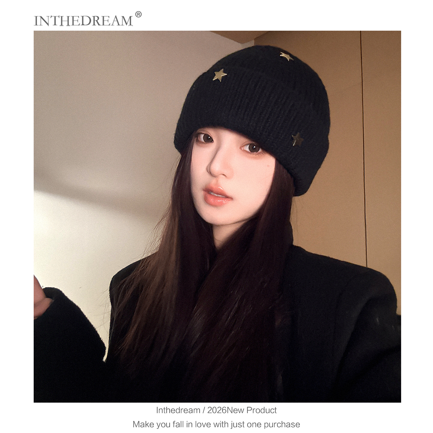 黑色星星针织毛线帽女秋冬保暖加厚显脸小包头冷帽大头围防寒帽